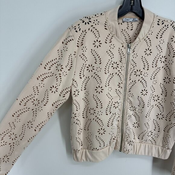 3/$25 Dex Faux Suede Bomber Jacket S Eyelet Floral Laser Cut Out Zip Up Beige - Picture 6 of 9